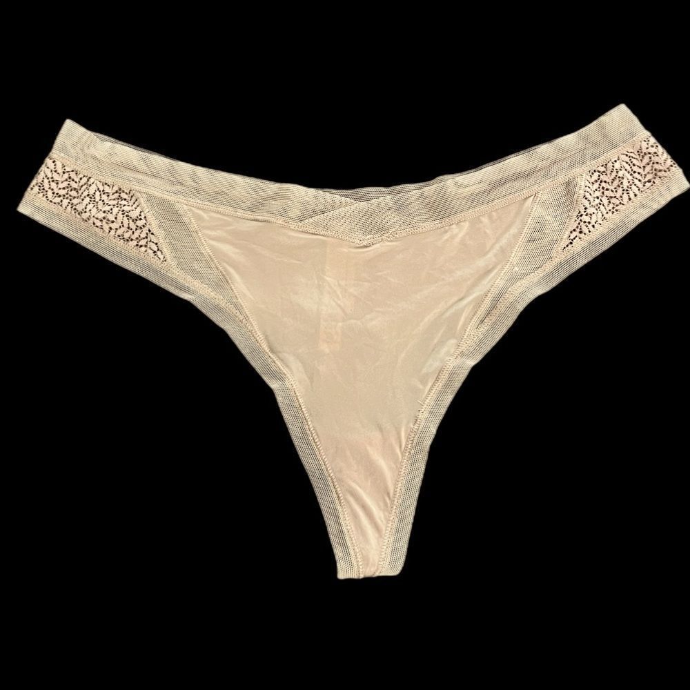Victorias Secret Body by Victorias Satiny Lace mesh Thong Panty Beige Xl